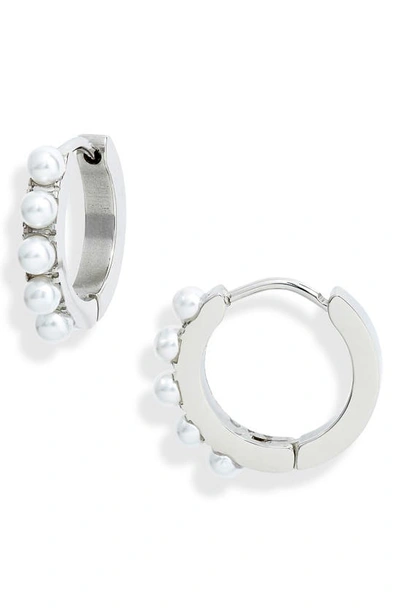 Shop Knotty Imitation Pearl Mini Hoop Earrings In Rhodium