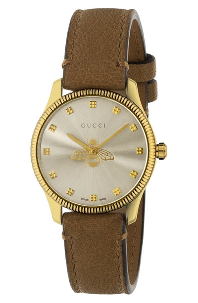 Shop Gucci G-timeless Bee Leather Strap Watch, 32mm In Brown/ Gold