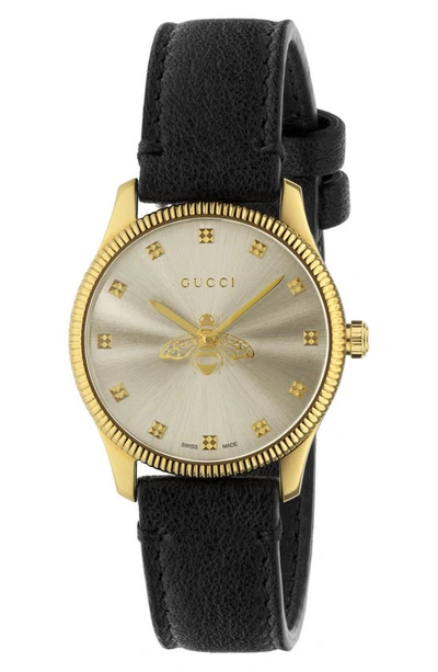 Shop Gucci G-timeless Bee Leather Strap Watch, 32mm In Black/ Gold
