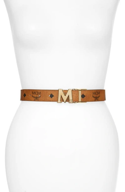 Shop Mcm Logo Buckle Reversible Belt In Cognac