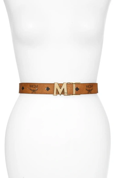 Mcm Visetos Cognac Claus Flat M Reversible Belt In Cognac