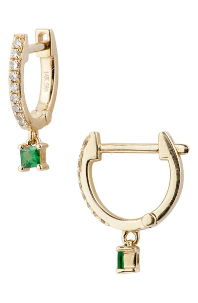 Shop Ef Collection Princess Drop Huggie Hoop Earrings In Tsavorite/ Yellow Gold/
