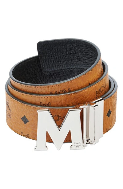 Shop Mcm Logo Buckle Reversible Belt In Cognac