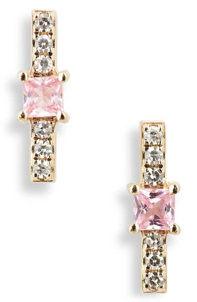 Shop Ef Collection Princess Diamond Bar Stud Earrings In Pink Sapphire/ Yellow Gold