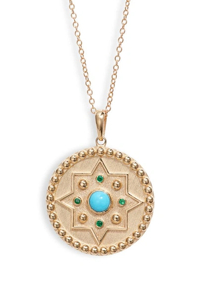 Shop Anzie Dew Drop Mayan Turquoise & Emerald Disc Pendant Necklace In Gold