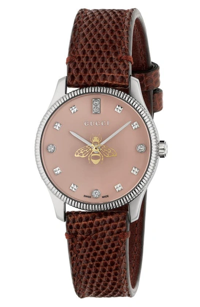 Shop Gucci Diamond G-timeless Bee Leather Strap Watch, 30mm In Snakeskin/ Pink/silver