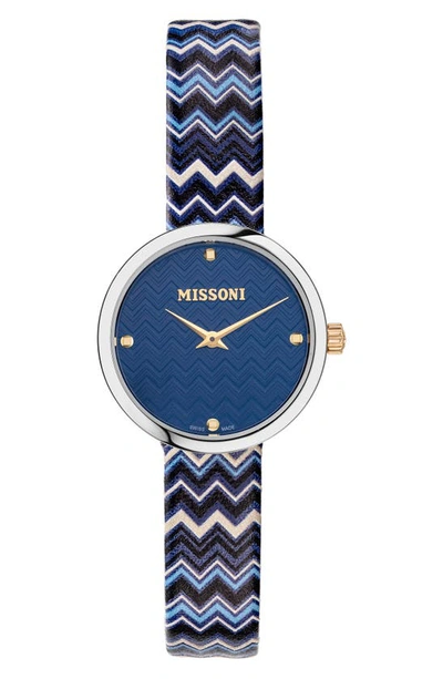 Shop Missoni M1 Joyful Chevron Leather Strap Watch, 29mm In Stainless Steel / Blue