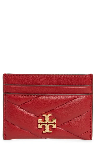 Shop Tory Burch Kira Chevron Leather Card Case In Redstone/ Rolled Brass
