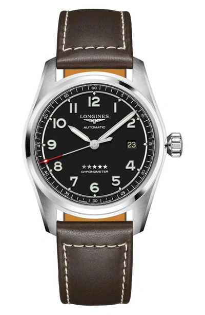 Shop Longines Spirit Automatic Leather Strap Watch, 40mm In Black/ Silver/ Brown