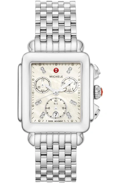 Shop Michele Deco Diamond Chronograph Bracelet Watch, 33mm In Silver