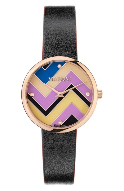 Shop Missoni M1 Joyful Chevron Dial Leather Strap Watch, 34mm In Rose Gold / Multicolor