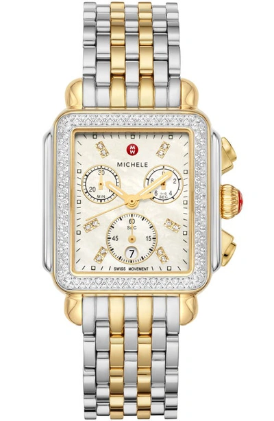Shop Michele Deco Diamond Chronograph Bracelet Watch, 33mm In Gold/ Silver