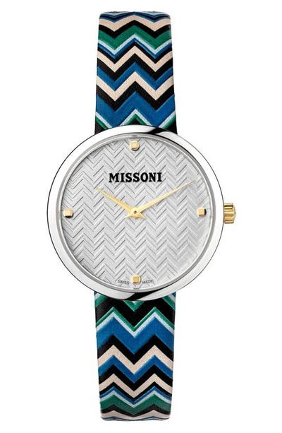 Shop Missoni M1 Joyful Chevron Leather Strap Watch, 34mm In Stainless Steel / Silver