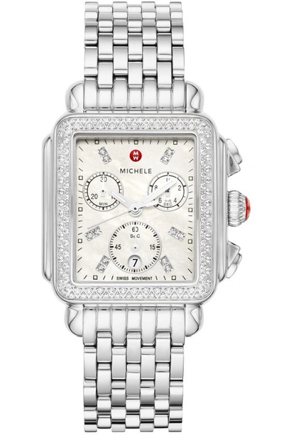 Shop Michele Deco Diamond Chronograph Bracelet Watch, 33mm In Silver