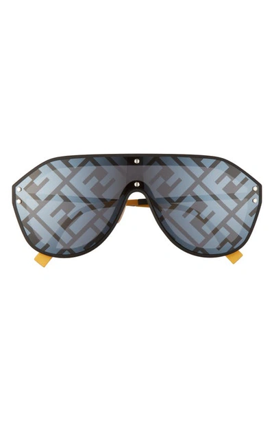 Shop Fendi 147mm Logo Lens Shield Sunglasses In Black Yellow Grey Mirror Grad