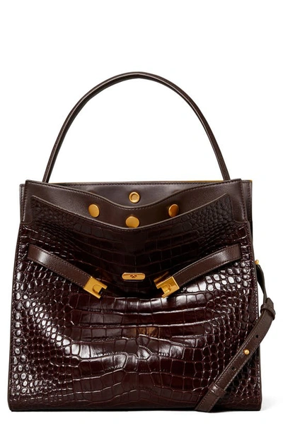 Tory Burch Lee Radziwill Croc Embossed Leather Double Bag In Pumpernickel Embossed gold ModeSens