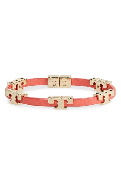 Shop Tory Burch Serif-t Croc-embossed Leather Single Wrap Bracelet In Tory Gold / Canyon Flower