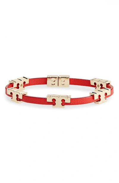 Shop Tory Burch Serif-t Croc-embossed Leather Single Wrap Bracelet In Tory Gold / Brilliant Red