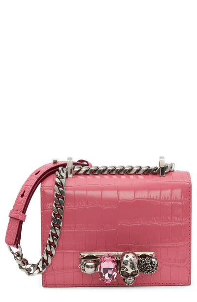 Shop Alexander Mcqueen Mini Jewelled Croc Embossed Leather Crossbody Bag In Bettony Pink