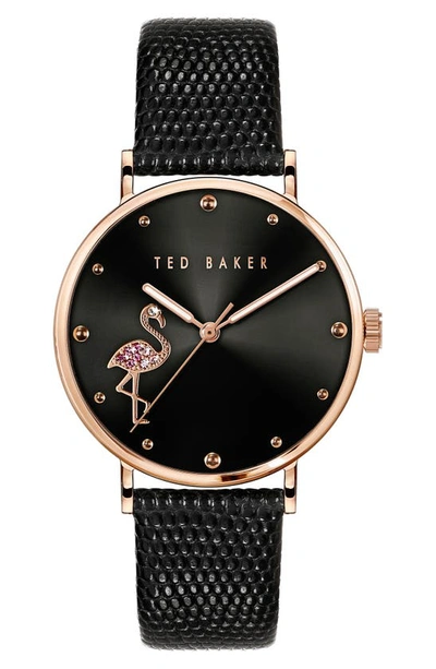 Shop Ted Baker Ted Bake London Phylipa Crystal Flamingo Leather Strap Watch, 37mm In Black