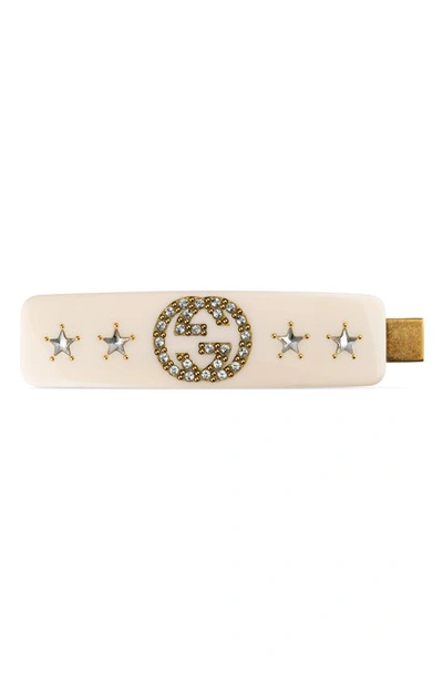 Gucci Gg Black Crystal-embellished Hair Clip In Gold/ Cream