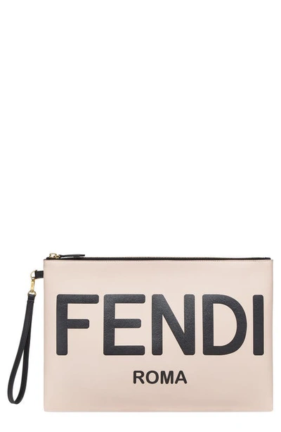 Shop Fendi Large Logo Leather Flat Pouch In Rosa Quarzo/nr/os