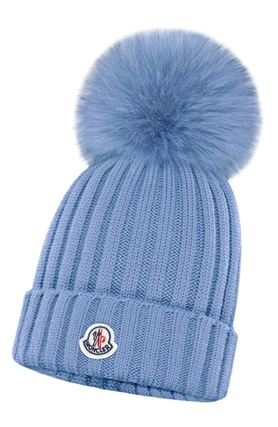 Shop Moncler Rib Virgin Wool Beanie With Genuine Fox Fur Pom In 714 Blue