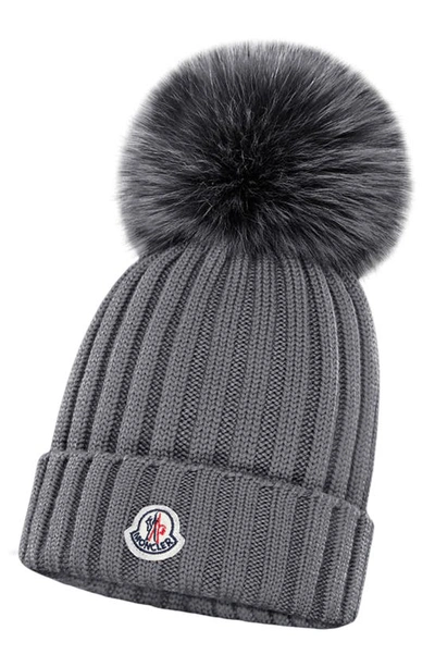 Shop Moncler Rib Virgin Wool Beanie With Genuine Fox Fur Pom In 987 Grey