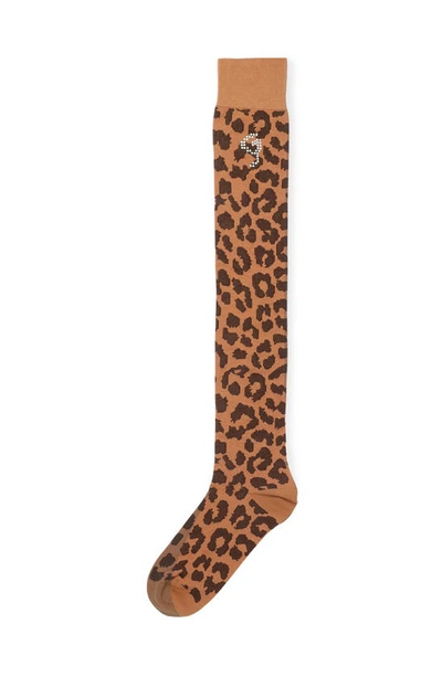 Shop Ganni Leopard Print Knee Socks In Toffee
