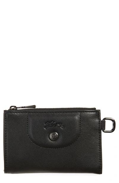 Longchamp Le Pliage Cuir Coin Purse With Key Ring In Black/silver
