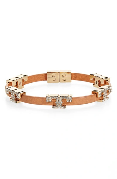 Shop Tory Burch Pave Serif T Stackable Bracelet In Tory Gold / Vachetta / Crystal