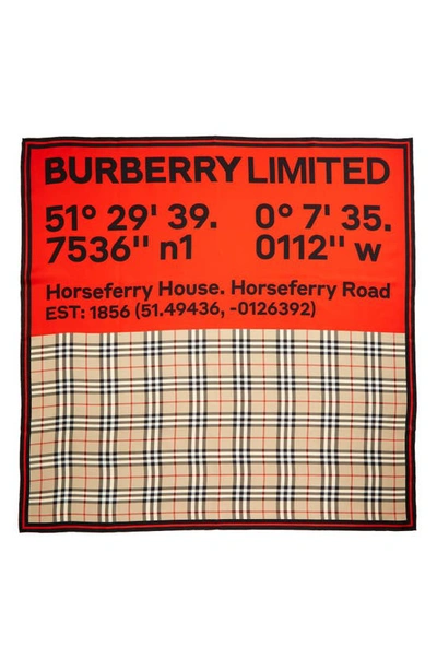 Shop Burberry Logo Check Square Silk Scarf In Arc Beige/red/pink