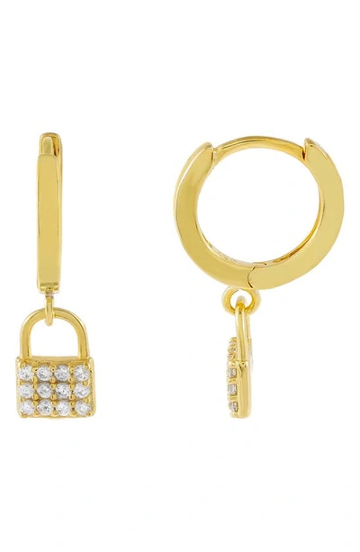 Shop Adinas Jewels Pave Mini Lock Huggie Hoop Earrings In Gold