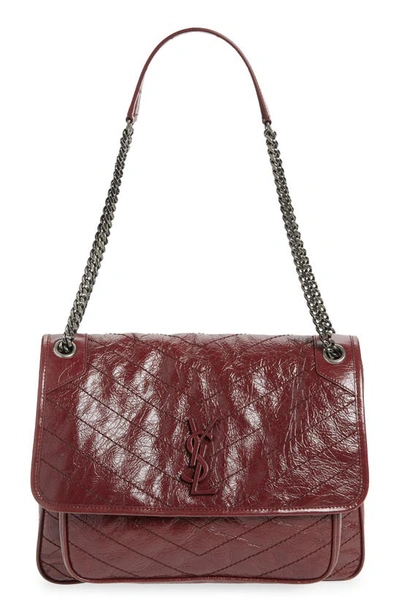 Shop Saint Laurent Large Niki Crinkled Matelassé Leather Shoulder Bag In Rouge Legion