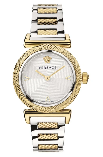 Shop Versace V-motif Stainless Steel Bracelet Watch, 35mm In Two Tone