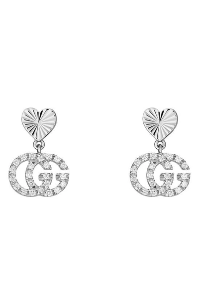Shop Gucci Running G Diamond Drop Earrings In White Gold