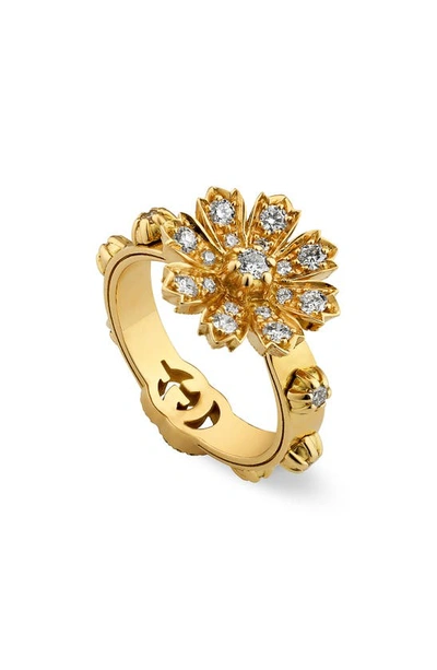 Shop Gucci Flora Diamond Flower Ring In Yellow Gold
