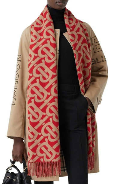 Shop Burberry Tb Monogram Jacquard Cashmere Scarf In Bright Red / Camel