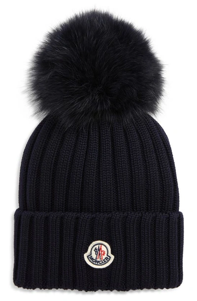 Shop Moncler Rib Virgin Wool Beanie With Genuine Fox Fur Pom In Navy