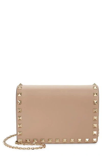 Shop Valentino Rockstud Leather Wallet On A Chain In Poudre