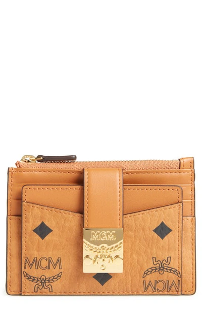 Shop Mcm Mini Patricia Visetos Leather Card Case In Cognac