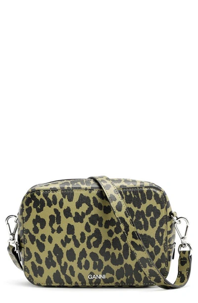 Shop Ganni Leopard Print Leather Camera Bag In Olive Drab