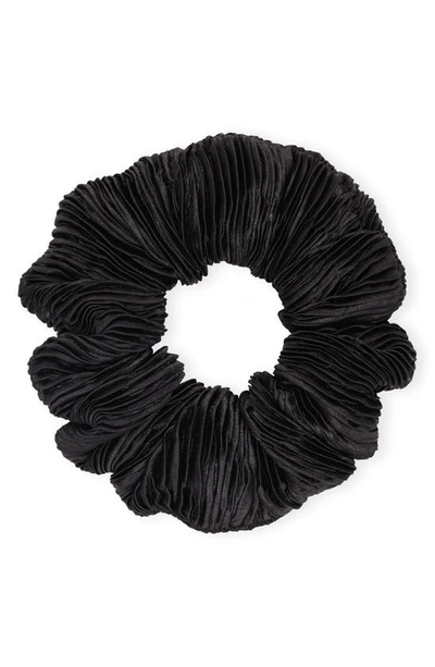 Shop Ganni Pleated Satin Scrunchie In Black