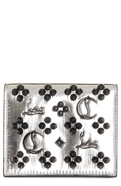 Shop Christian Louboutin Palatin Spike Logo Metallic Leather Bifold Wallet In Silver/ Black