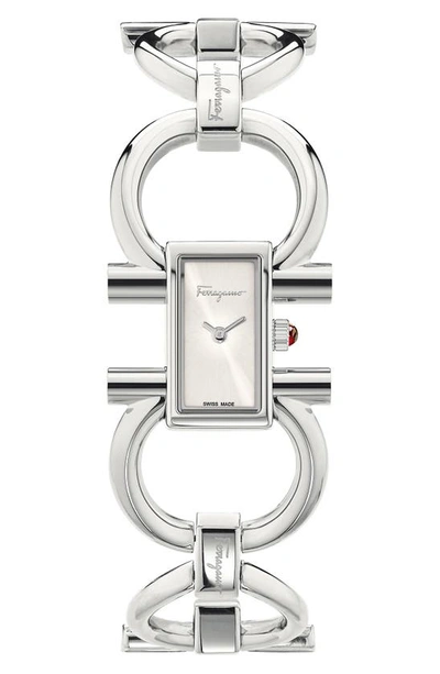 Shop Ferragamo Salvatore  Double Gancini Bracelet Watch, 13.5mm X 23.5mm In Silver/ White Sunray/ Silver