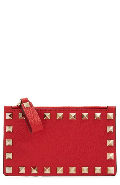 Shop Valentino Rockstud Leather Zip Card Case In Rouge Pur