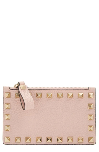 Shop Valentino Rockstud Leather Zip Card Case In Rose Quartz