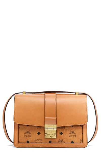 Shop Mcm Medium Tracy Visetos & Leather Shoulder Bag In Cognac