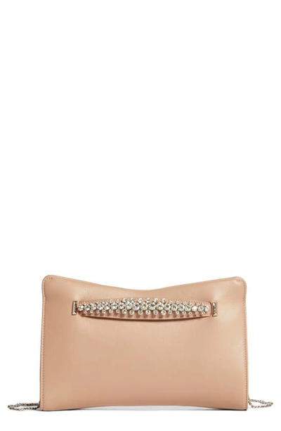 Shop Jimmy Choo Crystal Hand Strap Leather Clutch In Ballet Pink