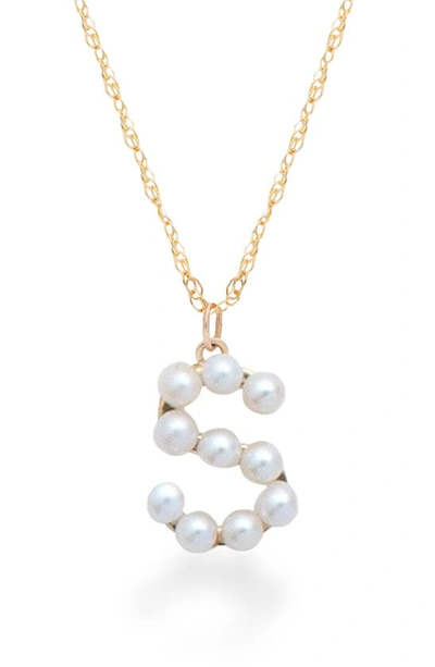 Shop Stone And Strand Pearl Initial Pendant Necklace In Yellow Gold/ S